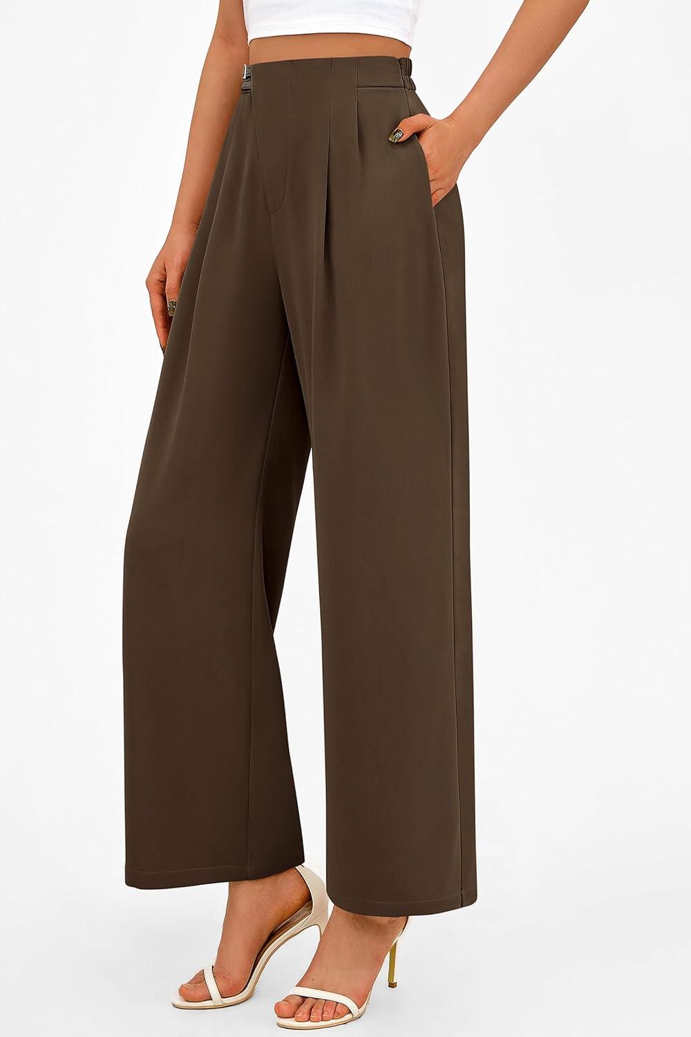 imagePRETTYGARDEN Womens Wide Leg Pants Dressy High Waisted Business Casual Work Office Suit Palazzo Pant TrousersCoffee
