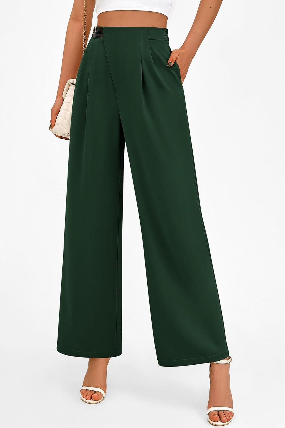 imagePRETTYGARDEN Womens Wide Leg Pants Dressy High Waisted Business Casual Work Office Suit Palazzo Pant TrousersDark Green