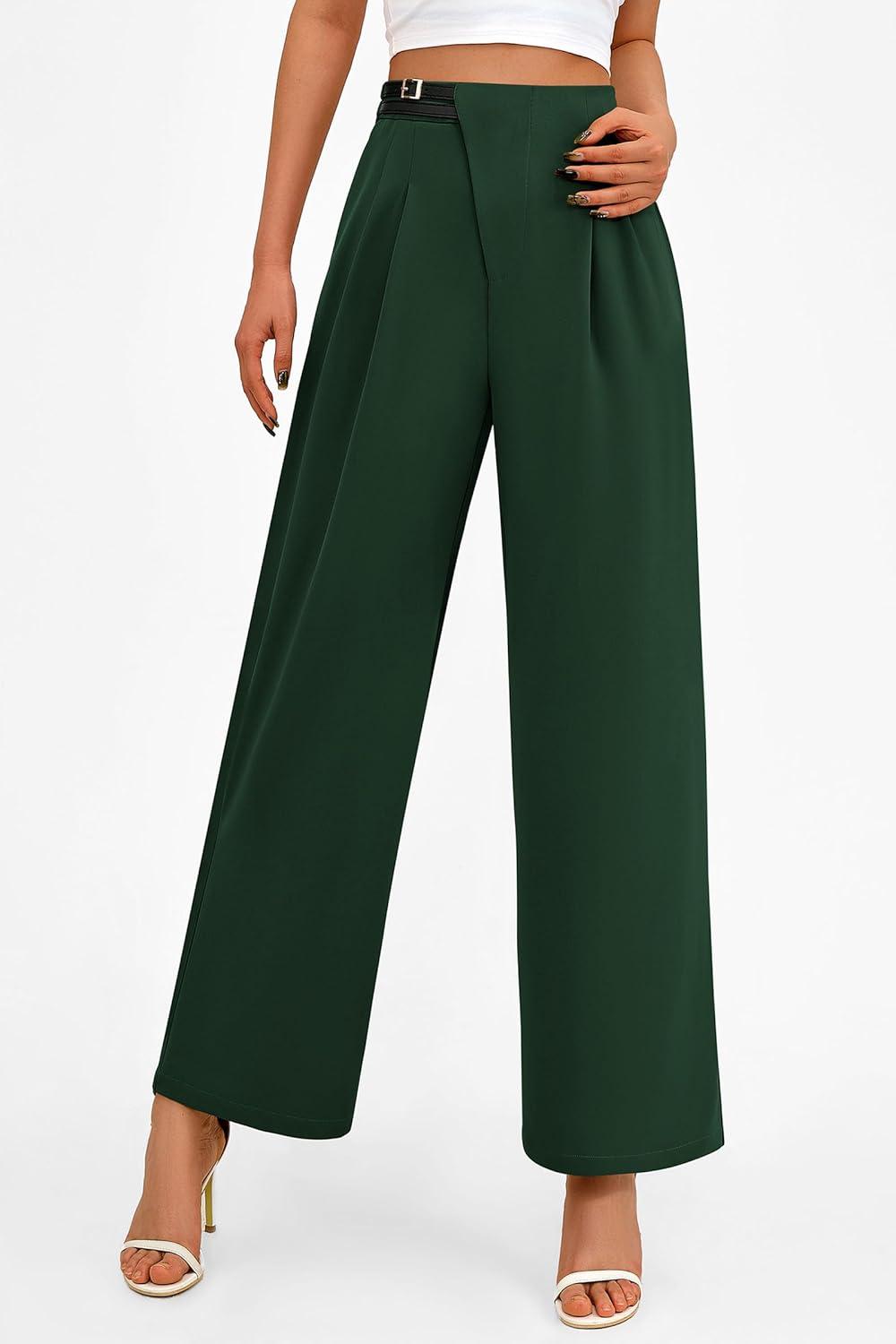 imagePRETTYGARDEN Womens Wide Leg Pants Dressy High Waisted Business Casual Work Office Suit Palazzo Pant TrousersDark Green