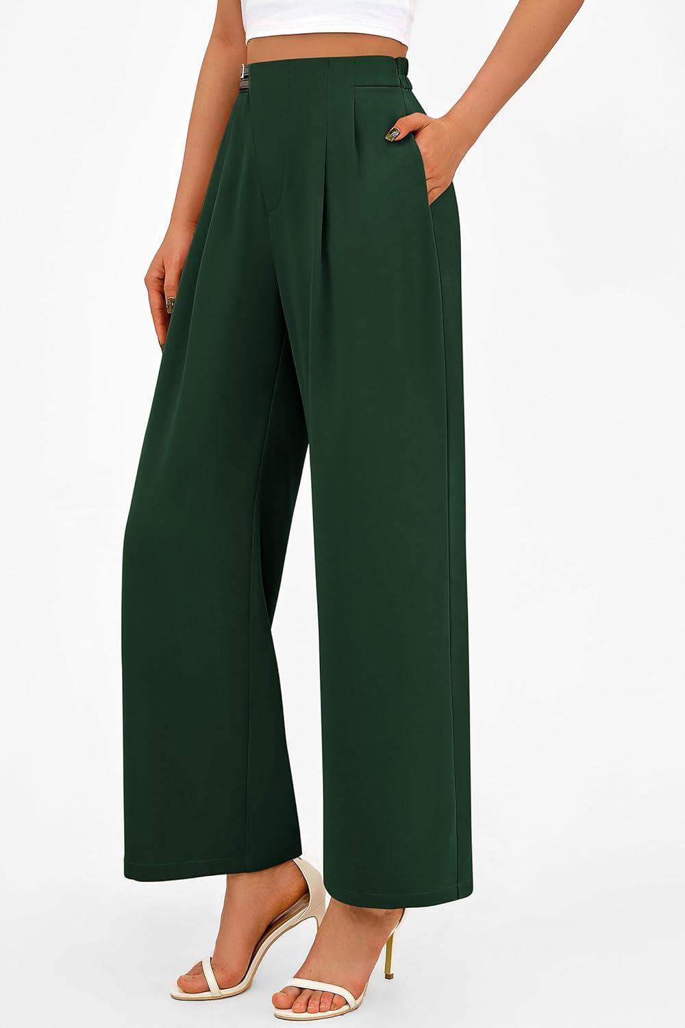 imagePRETTYGARDEN Womens Wide Leg Pants Dressy High Waisted Business Casual Work Office Suit Palazzo Pant TrousersDark Green