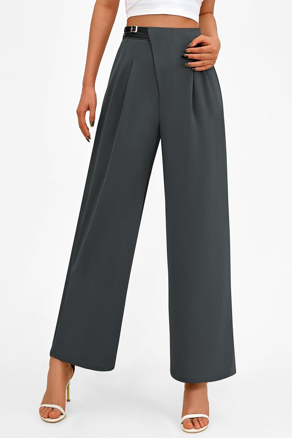 imagePRETTYGARDEN Womens Wide Leg Pants Dressy High Waisted Business Casual Work Office Suit Palazzo Pant TrousersDark Grey