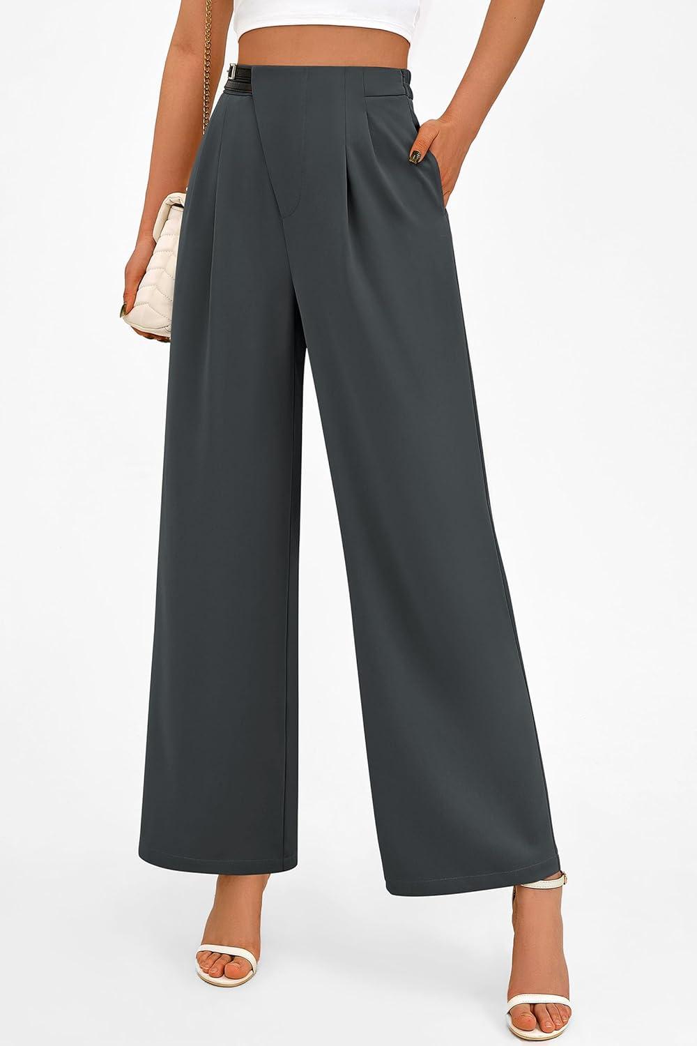 imagePRETTYGARDEN Womens Wide Leg Pants Dressy High Waisted Business Casual Work Office Suit Palazzo Pant TrousersDark Grey