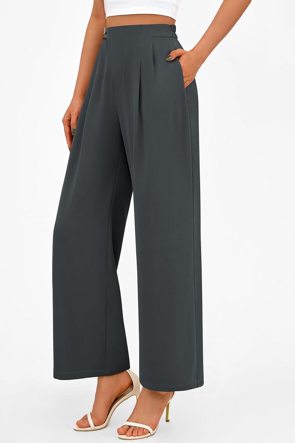 imagePRETTYGARDEN Womens Wide Leg Pants Dressy High Waisted Business Casual Work Office Suit Palazzo Pant TrousersDark Grey