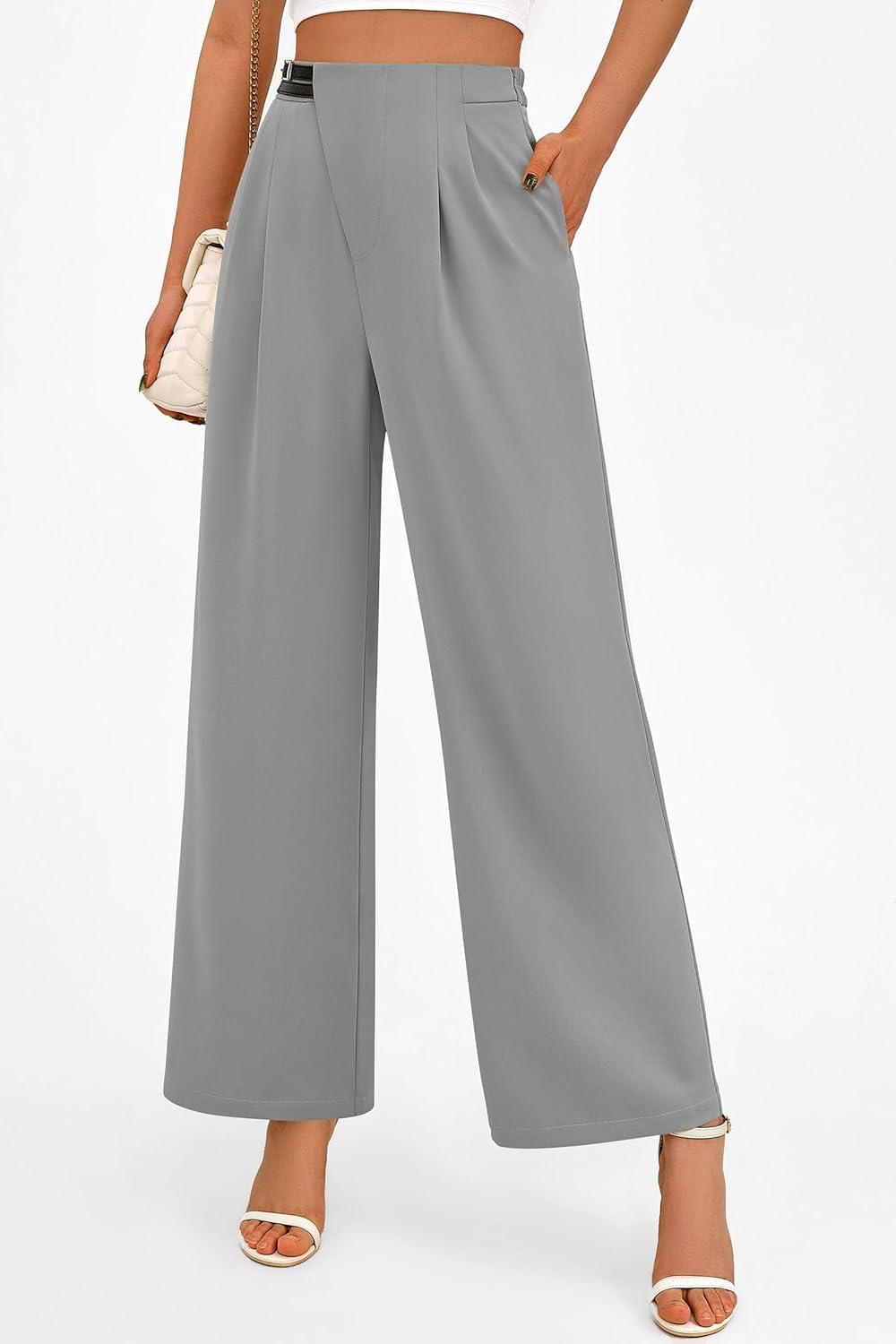 imagePRETTYGARDEN Womens Wide Leg Pants Dressy High Waisted Business Casual Work Office Suit Palazzo Pant TrousersGrey