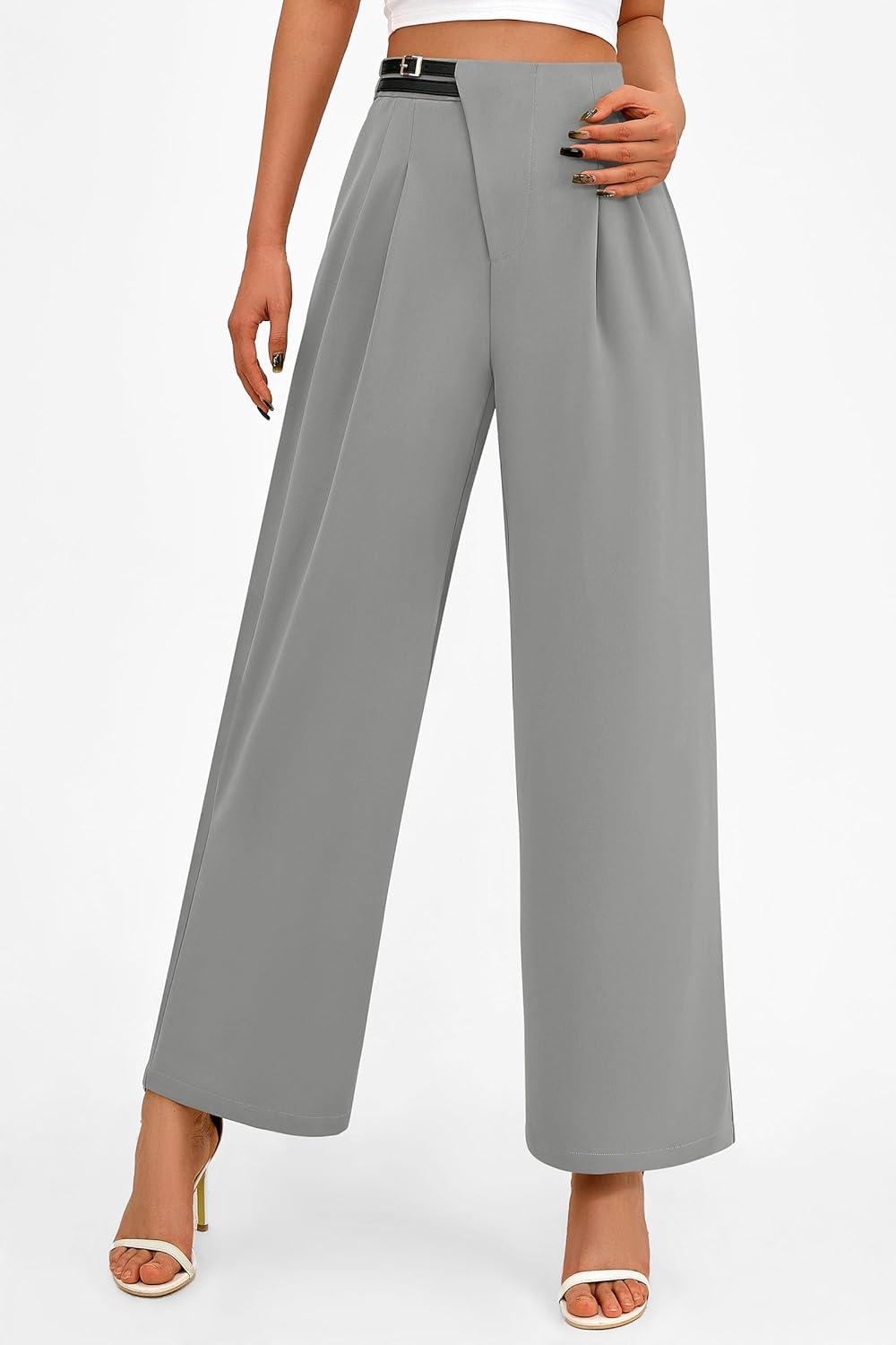 imagePRETTYGARDEN Womens Wide Leg Pants Dressy High Waisted Business Casual Work Office Suit Palazzo Pant TrousersGrey