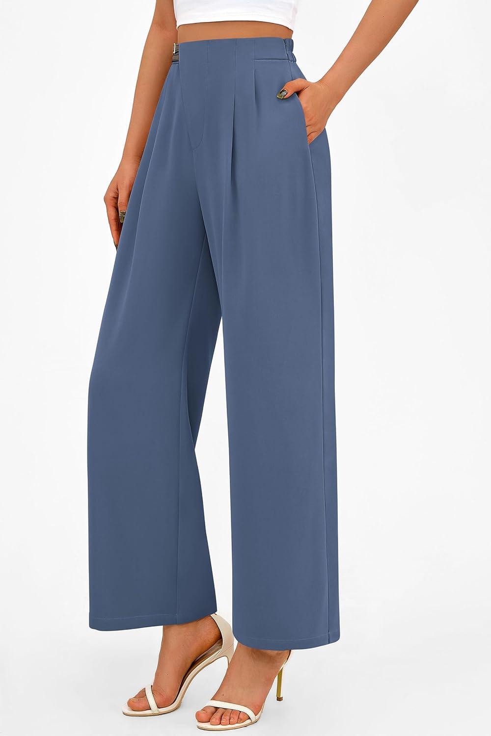 imagePRETTYGARDEN Womens Wide Leg Pants Dressy High Waisted Business Casual Work Office Suit Palazzo Pant TrousersGrey Blue