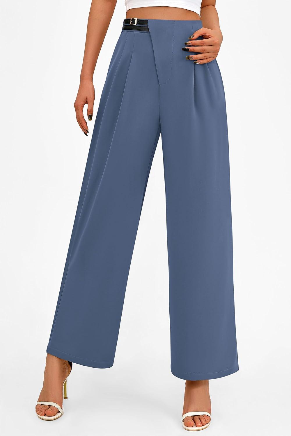 imagePRETTYGARDEN Womens Wide Leg Pants Dressy High Waisted Business Casual Work Office Suit Palazzo Pant TrousersGrey Blue
