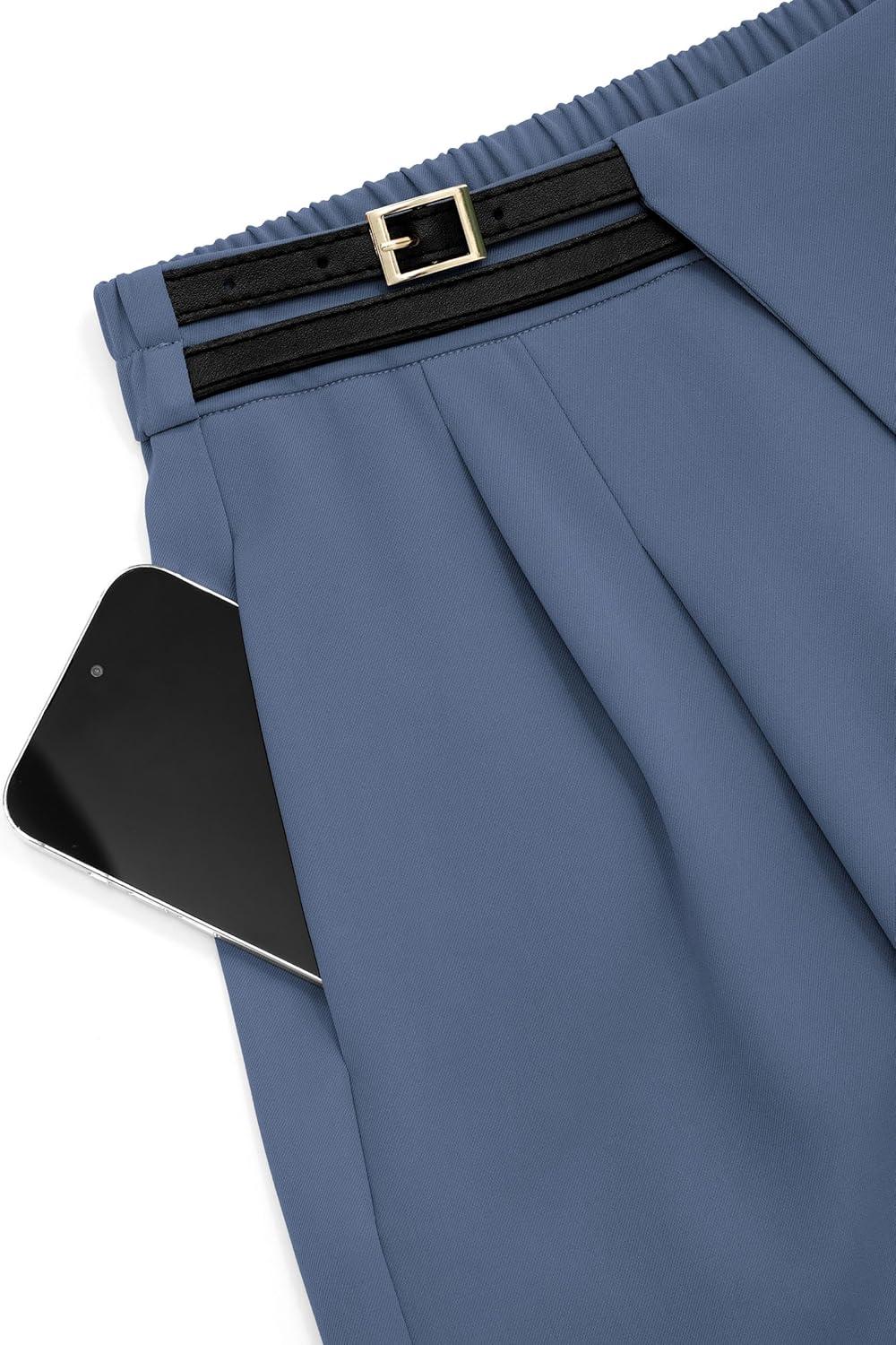 imagePRETTYGARDEN Womens Wide Leg Pants Dressy High Waisted Business Casual Work Office Suit Palazzo Pant TrousersGrey Blue