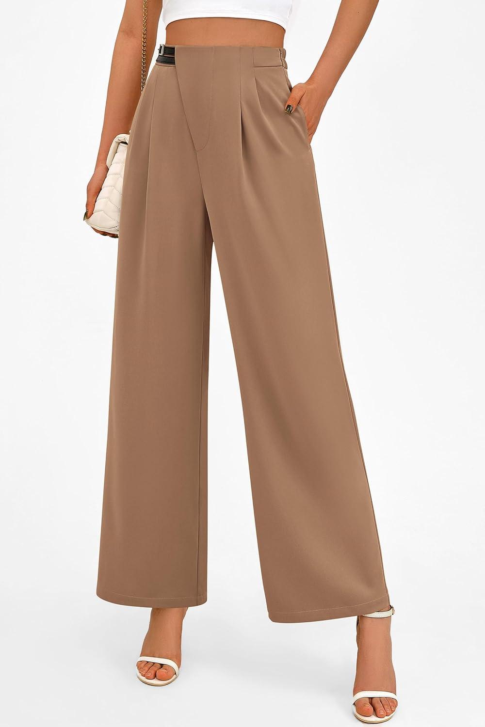 imagePRETTYGARDEN Womens Wide Leg Pants Dressy High Waisted Business Casual Work Office Suit Palazzo Pant TrousersKhaki
