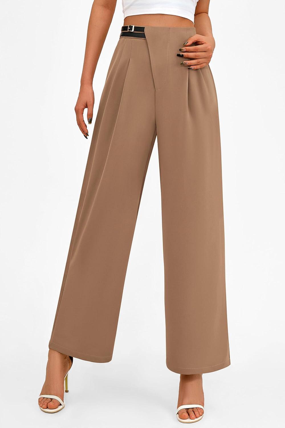 imagePRETTYGARDEN Womens Wide Leg Pants Dressy High Waisted Business Casual Work Office Suit Palazzo Pant TrousersKhaki