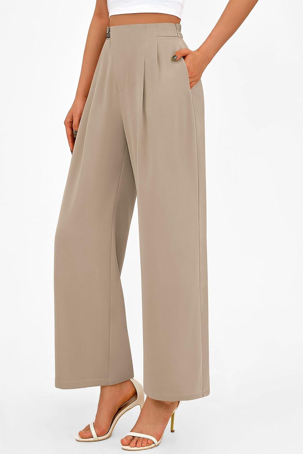 imagePRETTYGARDEN Womens Wide Leg Pants Dressy High Waisted Business Casual Work Office Suit Palazzo Pant TrousersLight Khaki