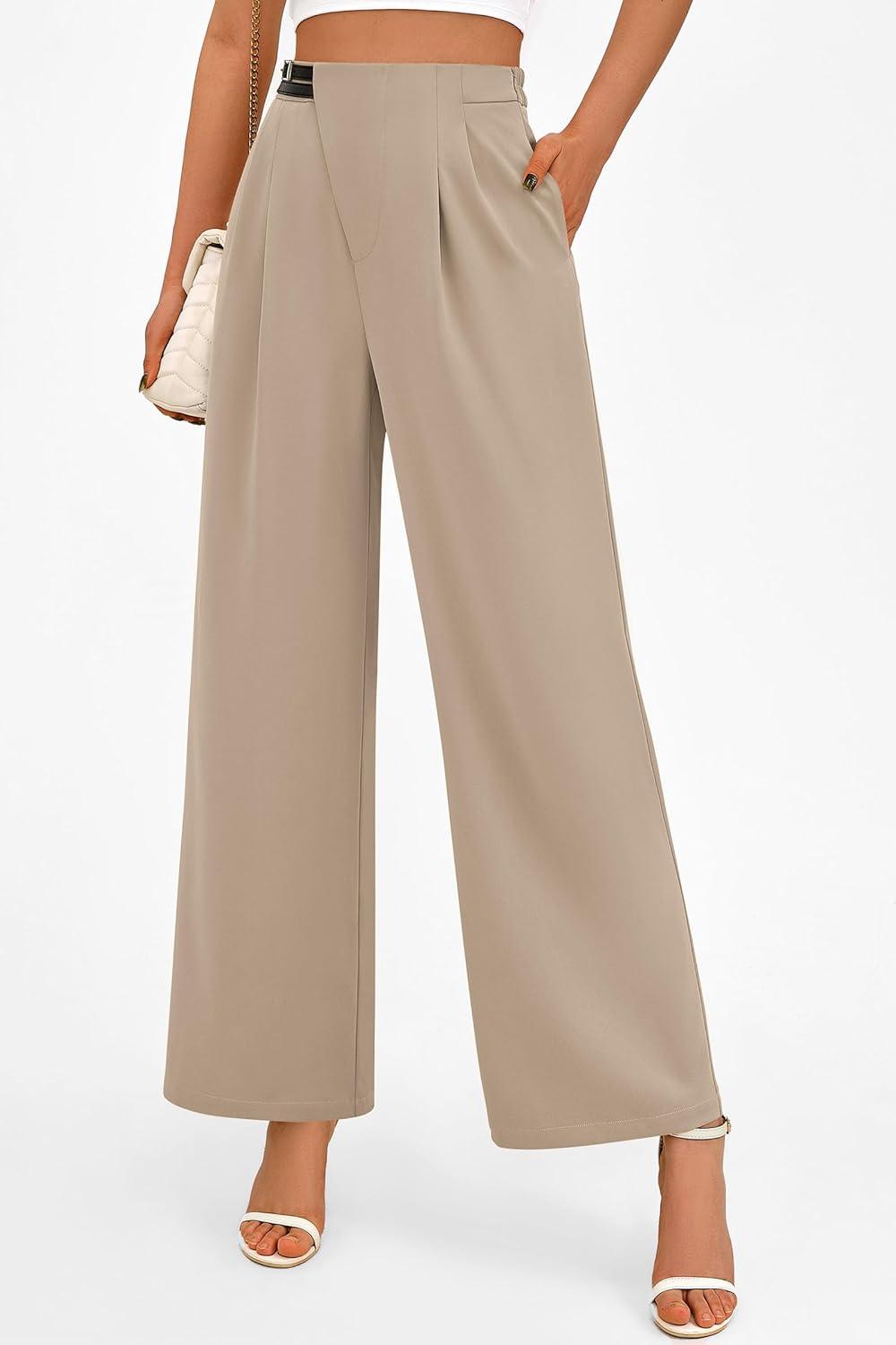 imagePRETTYGARDEN Womens Wide Leg Pants Dressy High Waisted Business Casual Work Office Suit Palazzo Pant TrousersLight Khaki