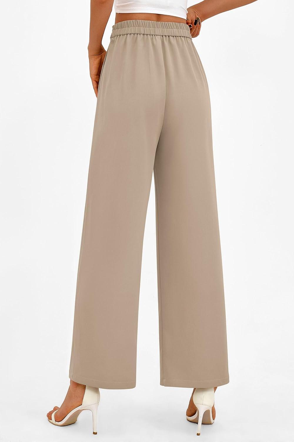 imagePRETTYGARDEN Womens Wide Leg Pants Dressy High Waisted Business Casual Work Office Suit Palazzo Pant TrousersLight Khaki
