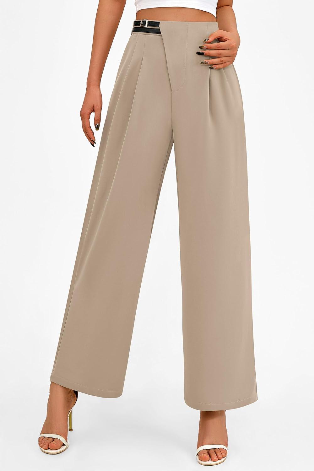 imagePRETTYGARDEN Womens Wide Leg Pants Dressy High Waisted Business Casual Work Office Suit Palazzo Pant TrousersLight Khaki