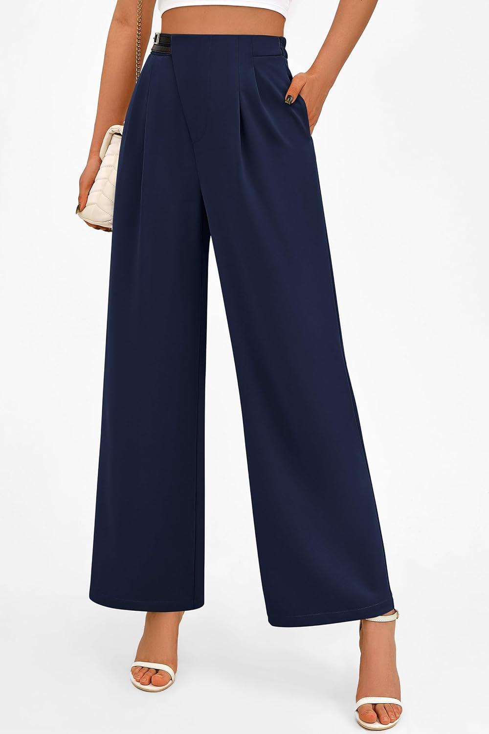 imagePRETTYGARDEN Womens Wide Leg Pants Dressy High Waisted Business Casual Work Office Suit Palazzo Pant TrousersNavy