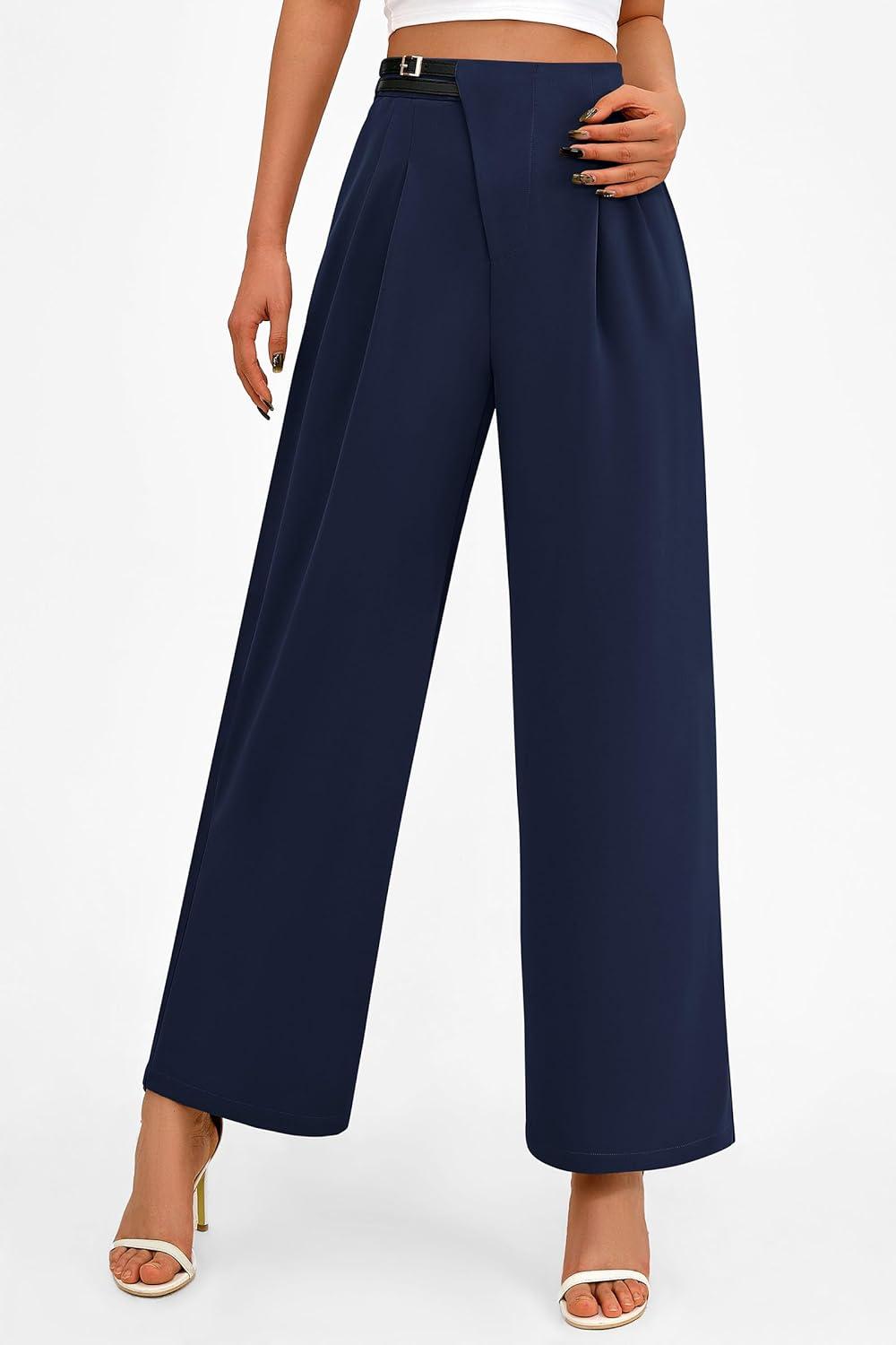 imagePRETTYGARDEN Womens Wide Leg Pants Dressy High Waisted Business Casual Work Office Suit Palazzo Pant TrousersNavy
