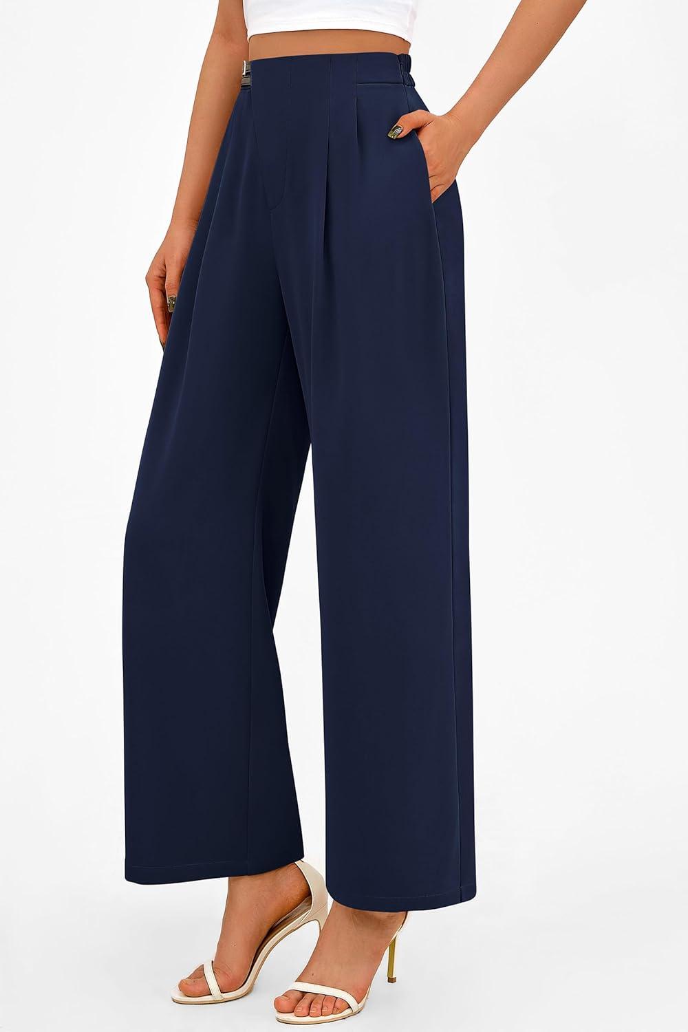 imagePRETTYGARDEN Womens Wide Leg Pants Dressy High Waisted Business Casual Work Office Suit Palazzo Pant TrousersNavy