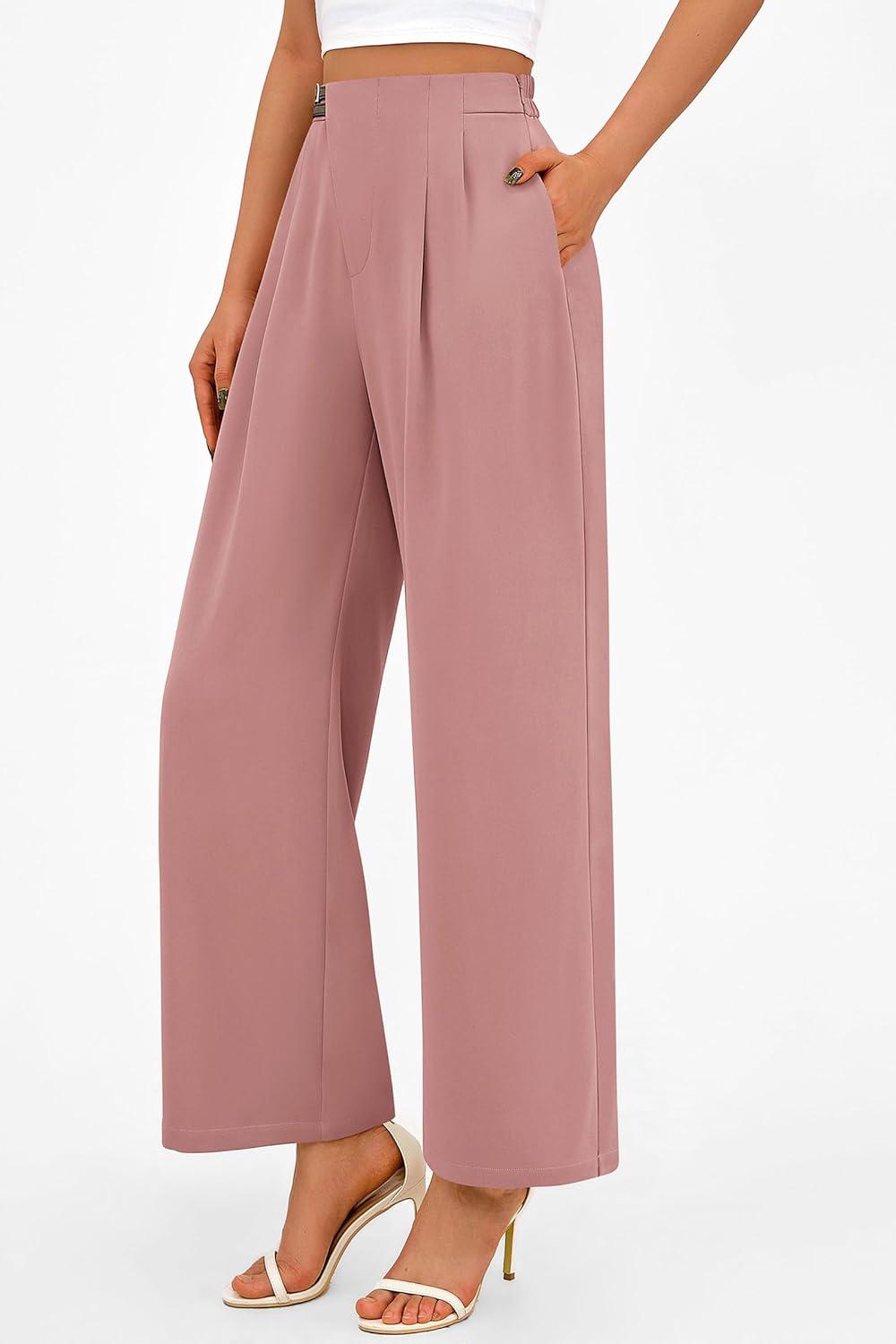 imagePRETTYGARDEN Womens Wide Leg Pants Dressy High Waisted Business Casual Work Office Suit Palazzo Pant TrousersPink