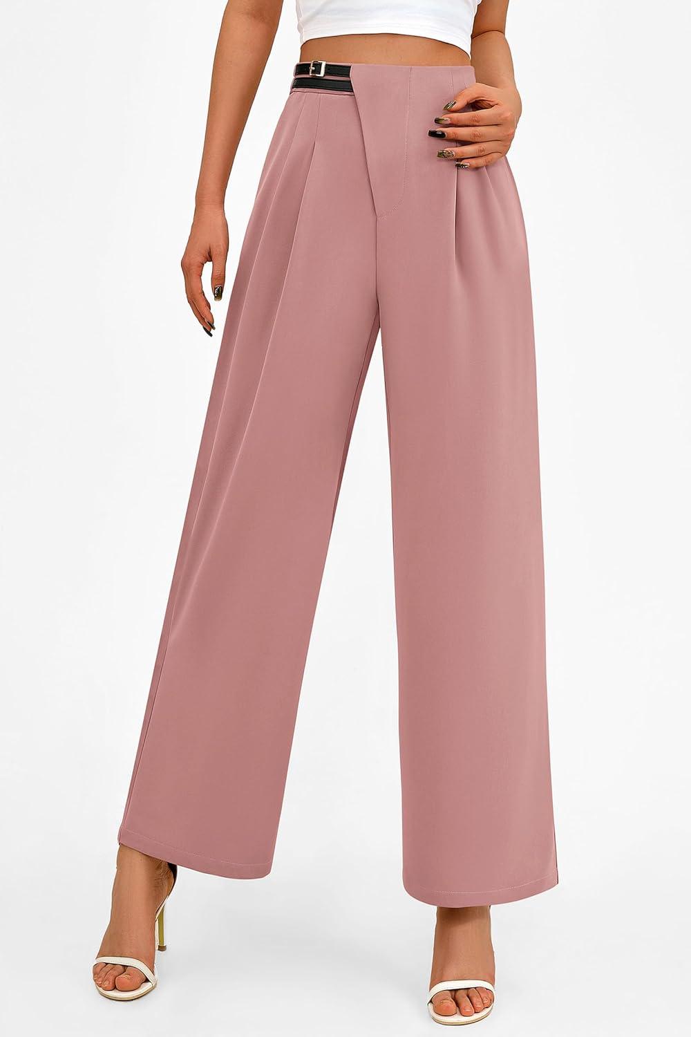 imagePRETTYGARDEN Womens Wide Leg Pants Dressy High Waisted Business Casual Work Office Suit Palazzo Pant TrousersPink