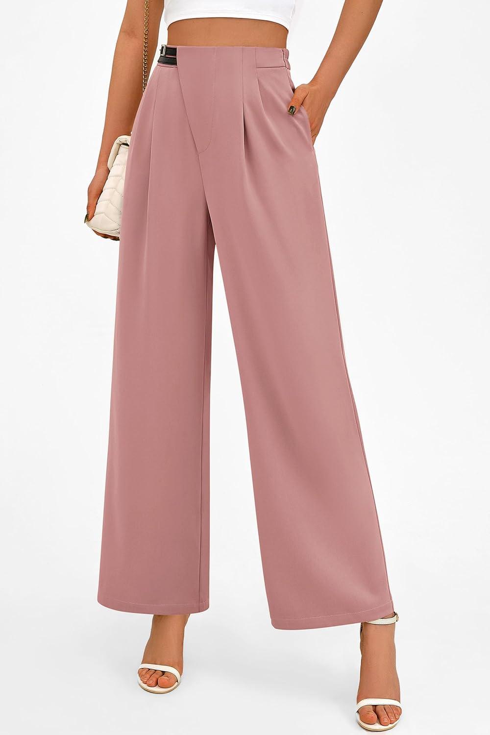 imagePRETTYGARDEN Womens Wide Leg Pants Dressy High Waisted Business Casual Work Office Suit Palazzo Pant TrousersPink