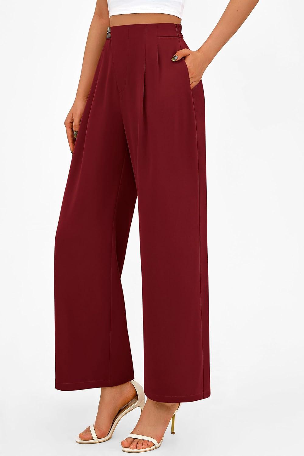 imagePRETTYGARDEN Womens Wide Leg Pants Dressy High Waisted Business Casual Work Office Suit Palazzo Pant TrousersWine Red