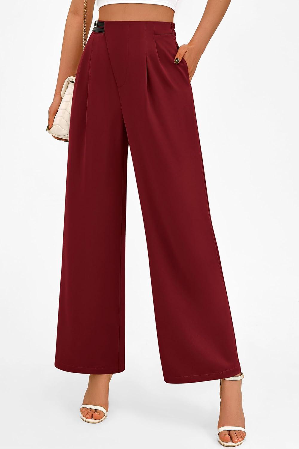 imagePRETTYGARDEN Womens Wide Leg Pants Dressy High Waisted Business Casual Work Office Suit Palazzo Pant TrousersWine Red
