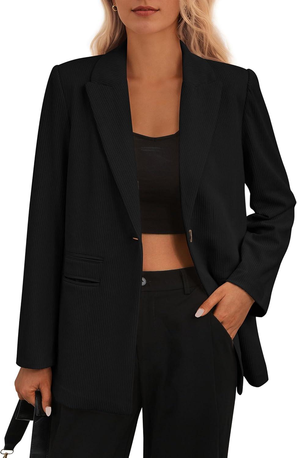 imagePRETTYGARDEN Womens Winter Corduroy Blazers Jackets Dressy Casual Ribbed Long Sleeve Lapel Fashion Work Business OuterwearBlack