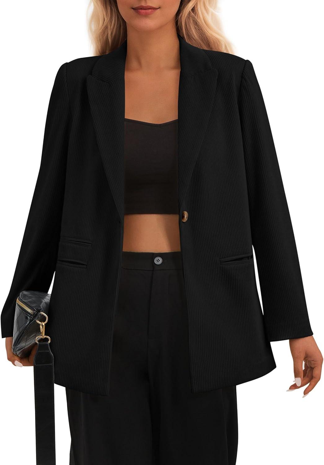 imagePRETTYGARDEN Womens Winter Corduroy Blazers Jackets Dressy Casual Ribbed Long Sleeve Lapel Fashion Work Business OuterwearBlack