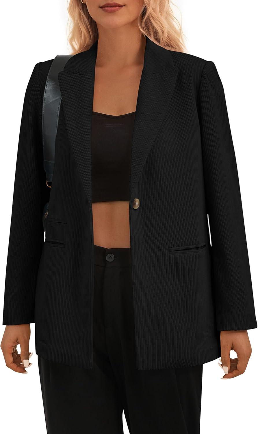 imagePRETTYGARDEN Womens Winter Corduroy Blazers Jackets Dressy Casual Ribbed Long Sleeve Lapel Fashion Work Business OuterwearBlack