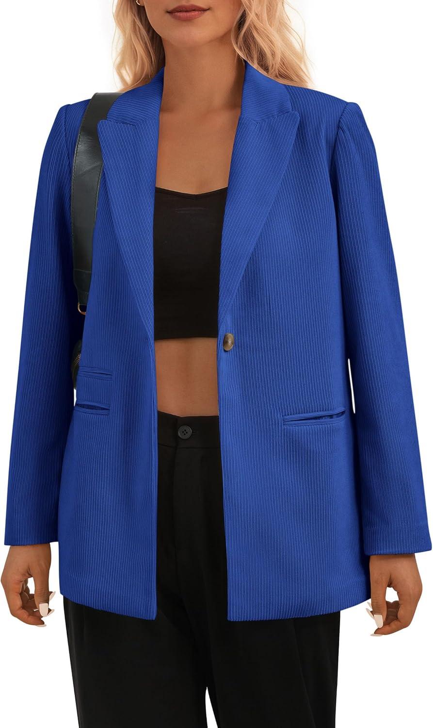 imagePRETTYGARDEN Womens Winter Corduroy Blazers Jackets Dressy Casual Ribbed Long Sleeve Lapel Fashion Work Business OuterwearBlue