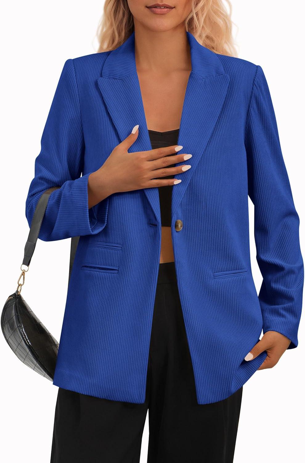 imagePRETTYGARDEN Womens Winter Corduroy Blazers Jackets Dressy Casual Ribbed Long Sleeve Lapel Fashion Work Business OuterwearBlue