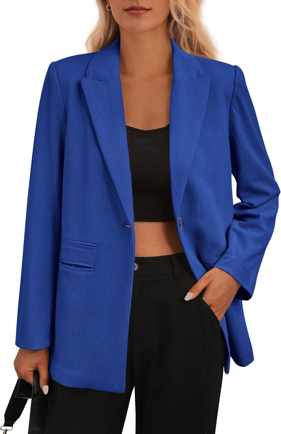 imagePRETTYGARDEN Womens Winter Corduroy Blazers Jackets Dressy Casual Ribbed Long Sleeve Lapel Fashion Work Business OuterwearBlue