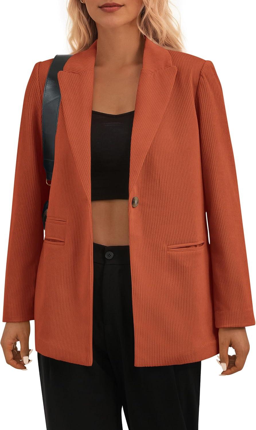imagePRETTYGARDEN Womens Winter Corduroy Blazers Jackets Dressy Casual Ribbed Long Sleeve Lapel Fashion Work Business OuterwearBrick Red
