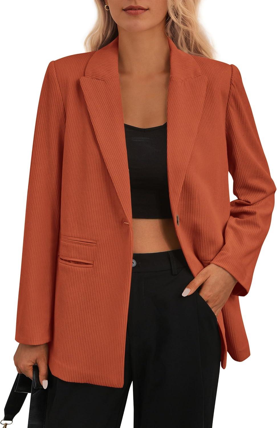 imagePRETTYGARDEN Womens Winter Corduroy Blazers Jackets Dressy Casual Ribbed Long Sleeve Lapel Fashion Work Business OuterwearBrick Red