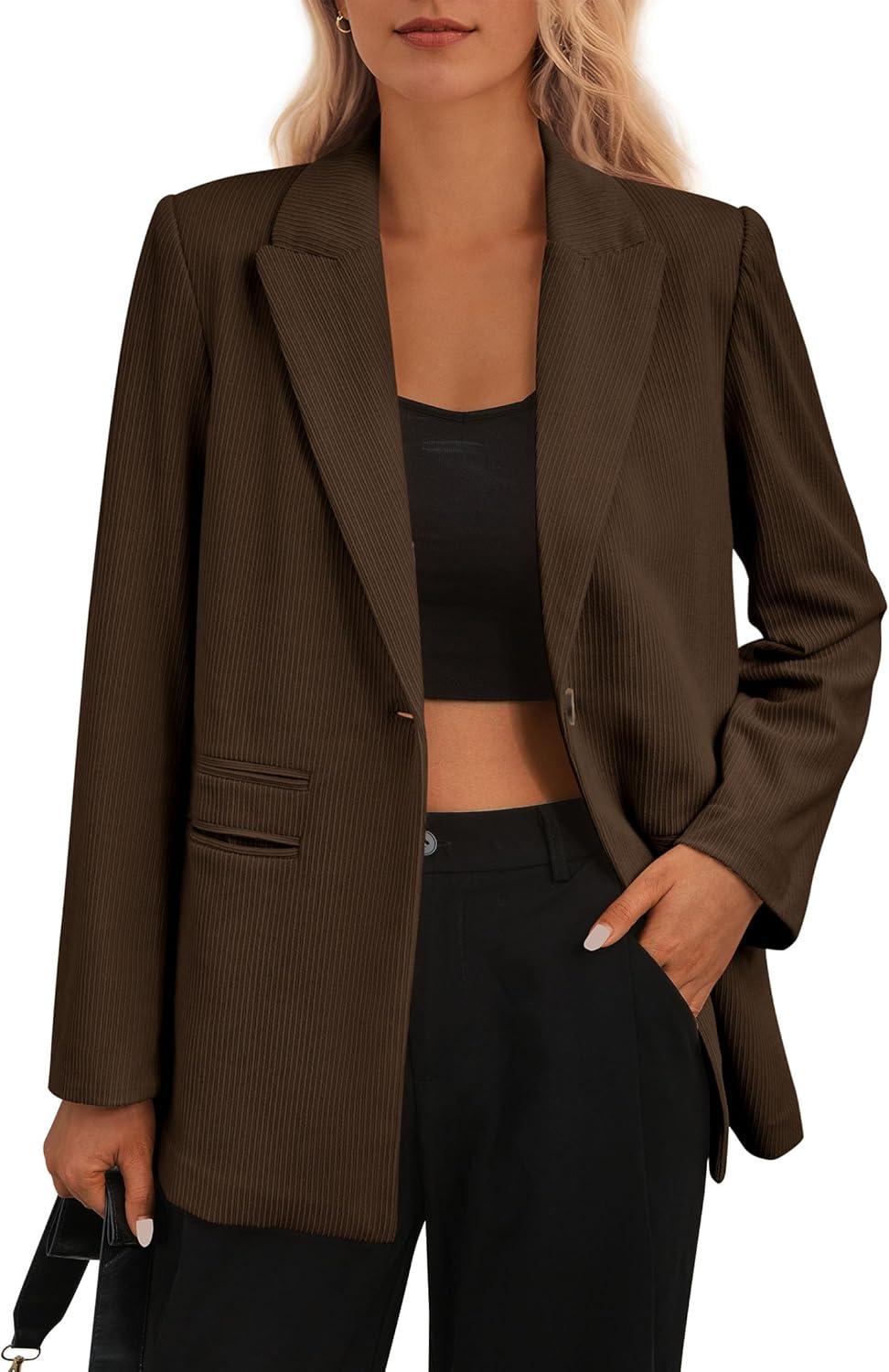 imagePRETTYGARDEN Womens Winter Corduroy Blazers Jackets Dressy Casual Ribbed Long Sleeve Lapel Fashion Work Business OuterwearCoffee