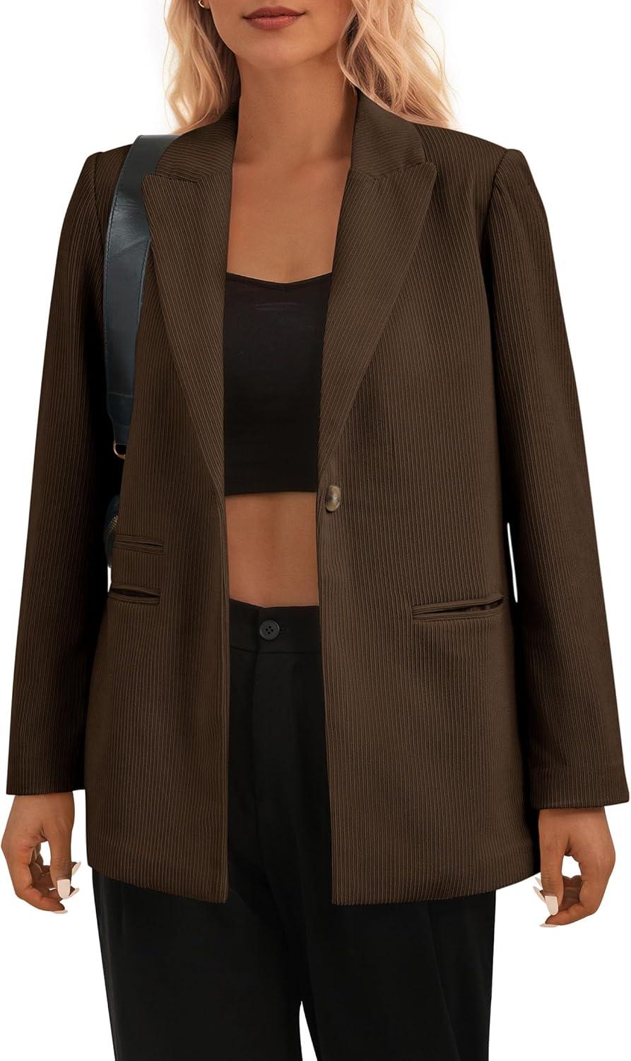 imagePRETTYGARDEN Womens Winter Corduroy Blazers Jackets Dressy Casual Ribbed Long Sleeve Lapel Fashion Work Business OuterwearCoffee