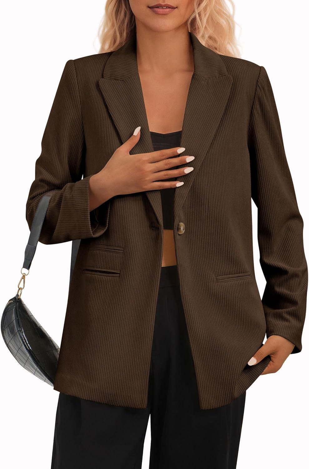 imagePRETTYGARDEN Womens Winter Corduroy Blazers Jackets Dressy Casual Ribbed Long Sleeve Lapel Fashion Work Business OuterwearCoffee