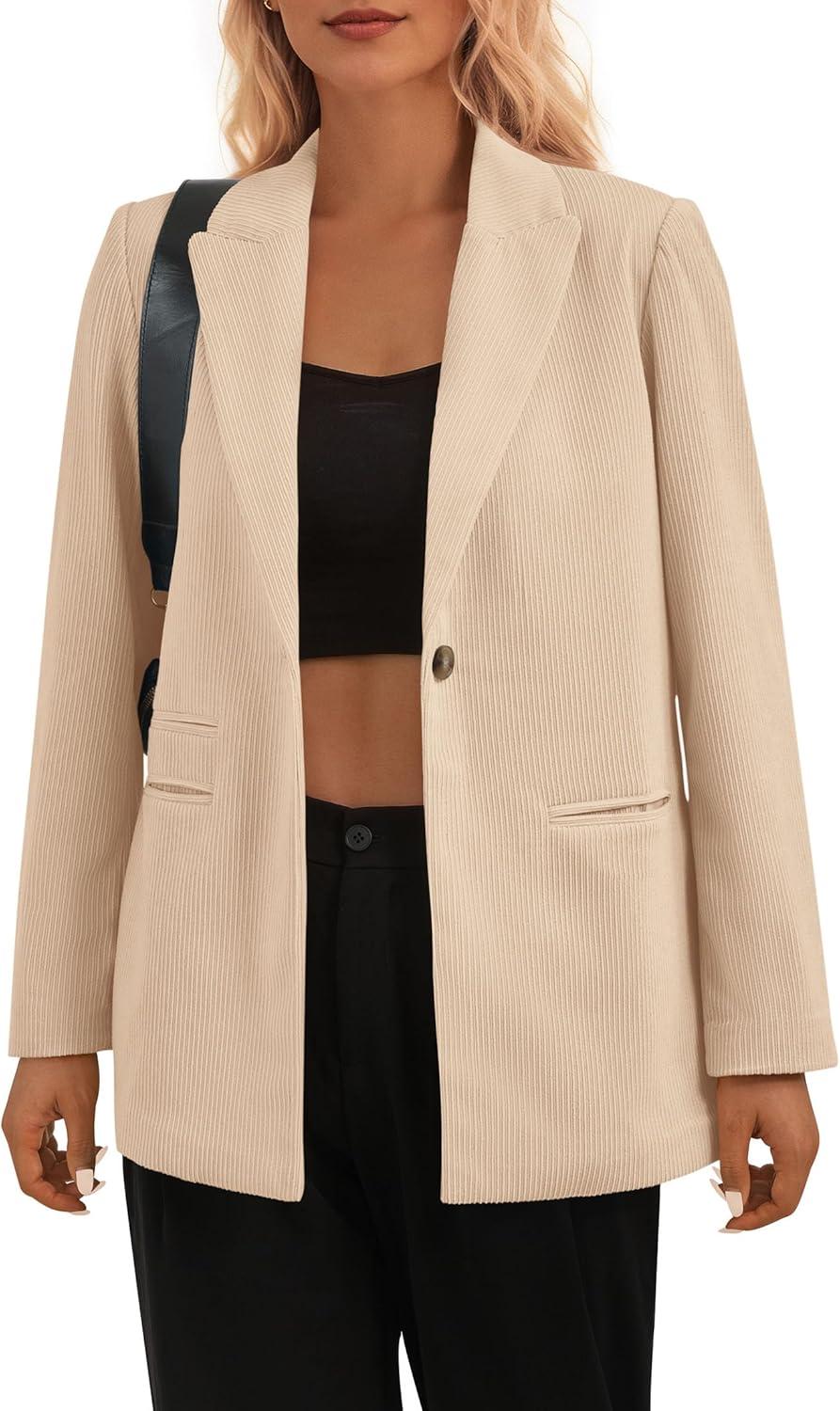 imagePRETTYGARDEN Womens Winter Corduroy Blazers Jackets Dressy Casual Ribbed Long Sleeve Lapel Fashion Work Business OuterwearLight Khaki