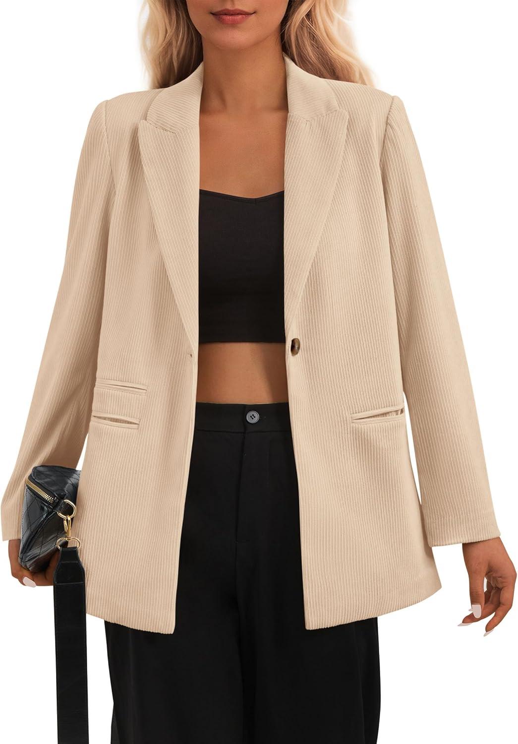 imagePRETTYGARDEN Womens Winter Corduroy Blazers Jackets Dressy Casual Ribbed Long Sleeve Lapel Fashion Work Business OuterwearLight Khaki