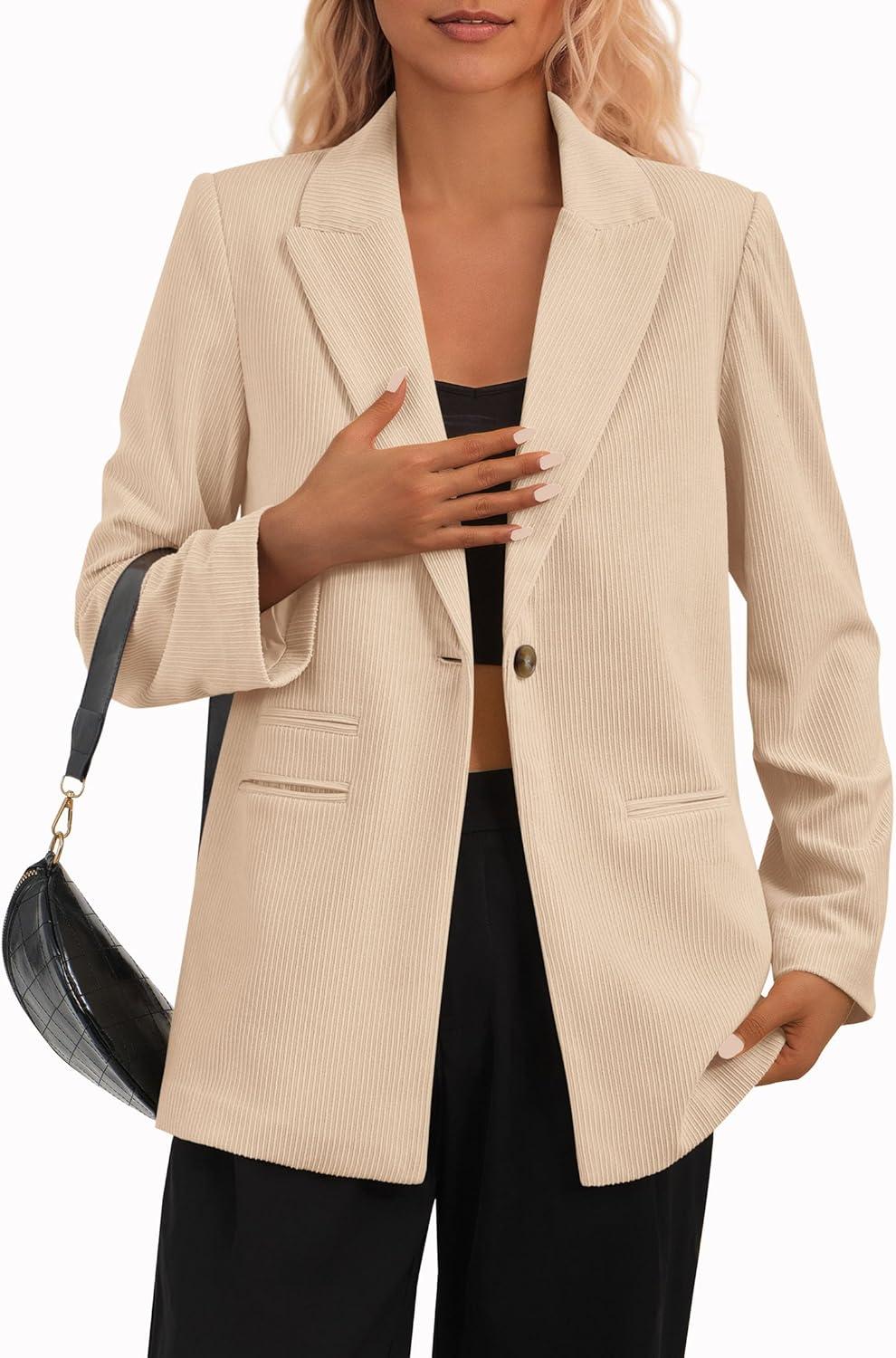 imagePRETTYGARDEN Womens Winter Corduroy Blazers Jackets Dressy Casual Ribbed Long Sleeve Lapel Fashion Work Business OuterwearLight Khaki