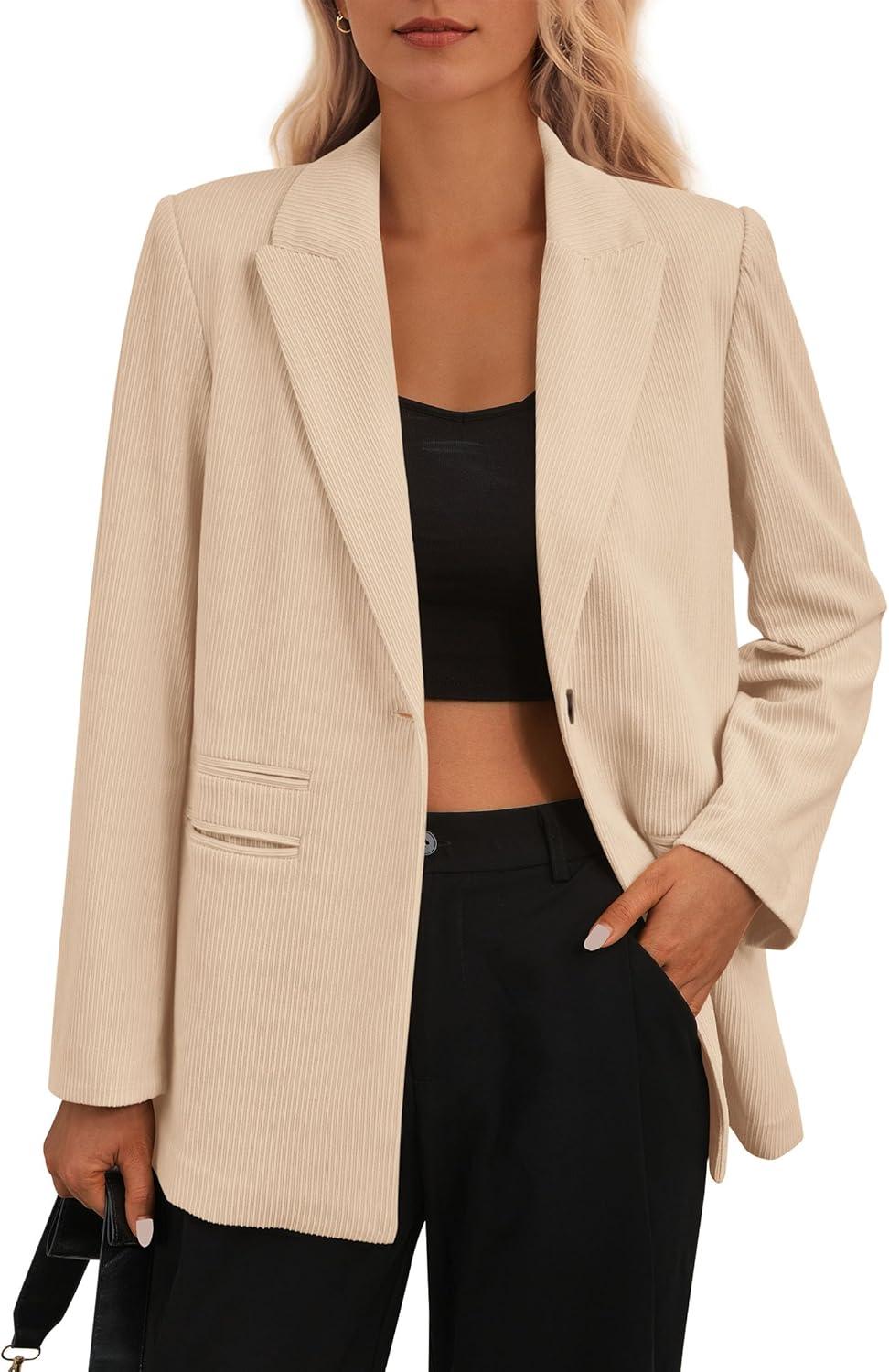 imagePRETTYGARDEN Womens Winter Corduroy Blazers Jackets Dressy Casual Ribbed Long Sleeve Lapel Fashion Work Business OuterwearLight Khaki