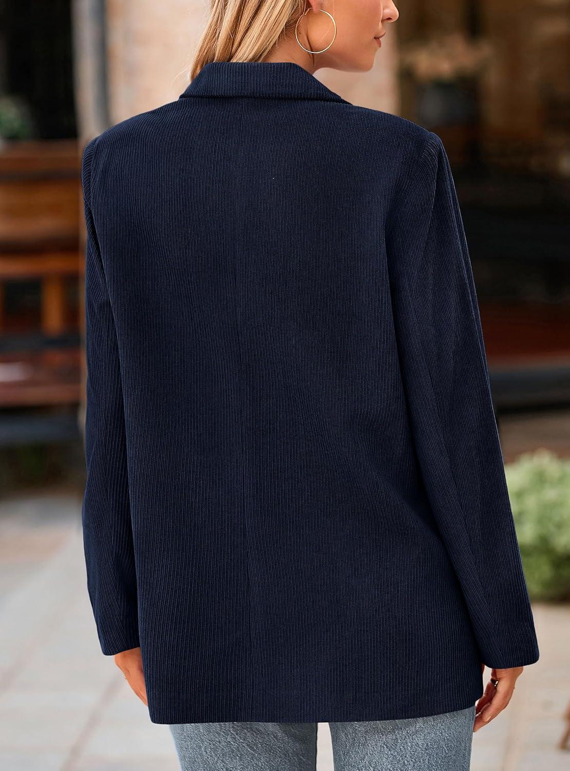 imagePRETTYGARDEN Womens Winter Corduroy Blazers Jackets Dressy Casual Ribbed Long Sleeve Lapel Fashion Work Business OuterwearNavy