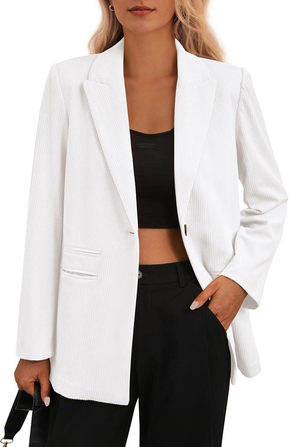 imagePRETTYGARDEN Womens Winter Corduroy Blazers Jackets Dressy Casual Ribbed Long Sleeve Lapel Fashion Work Business OuterwearWhite