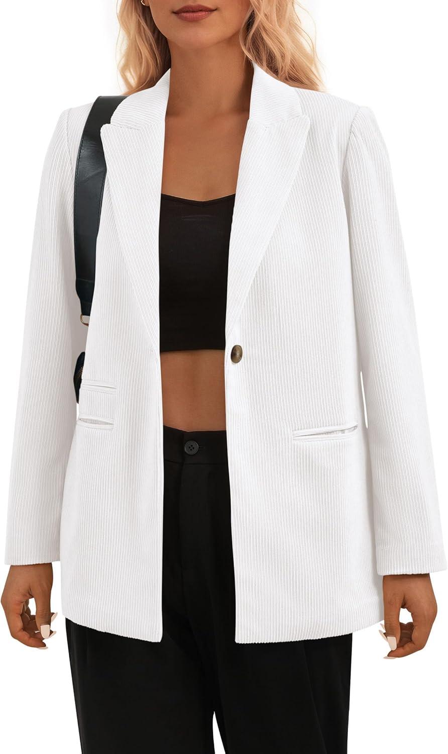 imagePRETTYGARDEN Womens Winter Corduroy Blazers Jackets Dressy Casual Ribbed Long Sleeve Lapel Fashion Work Business OuterwearWhite