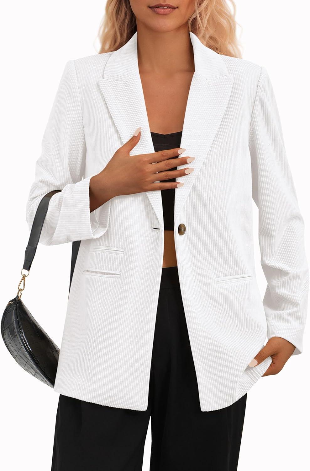 imagePRETTYGARDEN Womens Winter Corduroy Blazers Jackets Dressy Casual Ribbed Long Sleeve Lapel Fashion Work Business OuterwearWhite