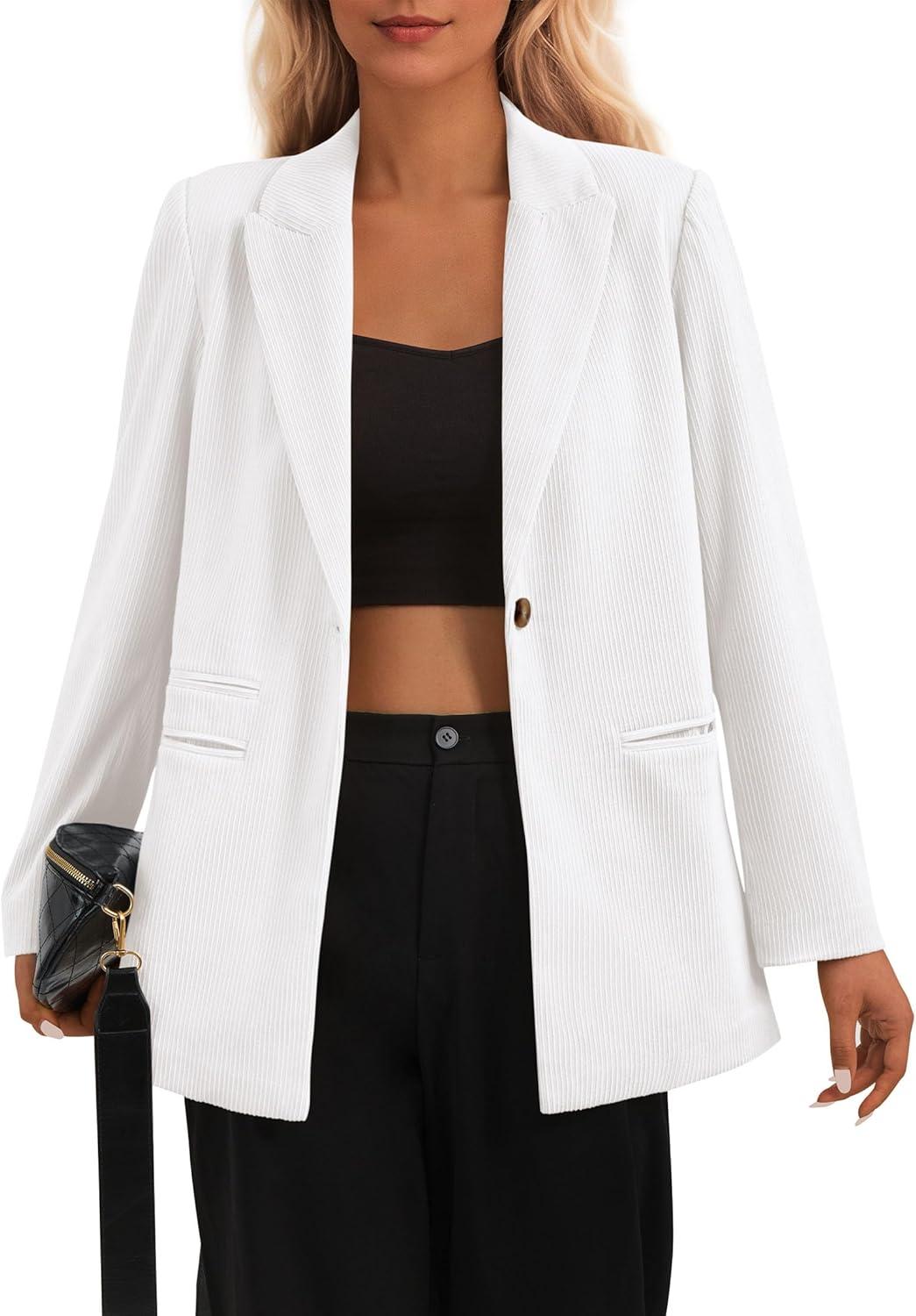 imagePRETTYGARDEN Womens Winter Corduroy Blazers Jackets Dressy Casual Ribbed Long Sleeve Lapel Fashion Work Business OuterwearWhite