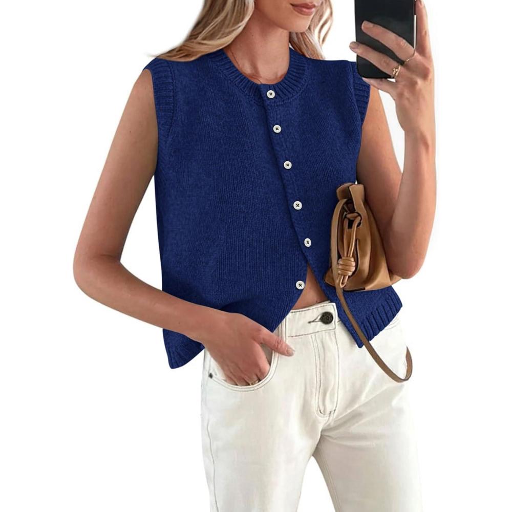 imagePRETTYGARDEN Sweater Vest Women 2025 Spring Summer Casual Lightweight Knit Sleeveless Button Down Tank Tops Trendy ClothesDark Blue
