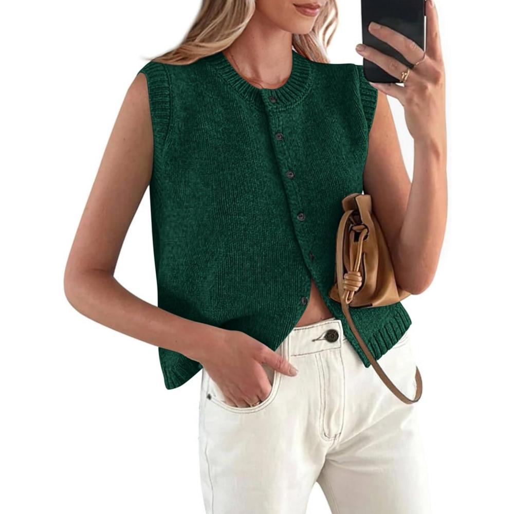 imagePRETTYGARDEN Sweater Vest Women 2025 Spring Summer Casual Lightweight Knit Sleeveless Button Down Tank Tops Trendy ClothesDark Green