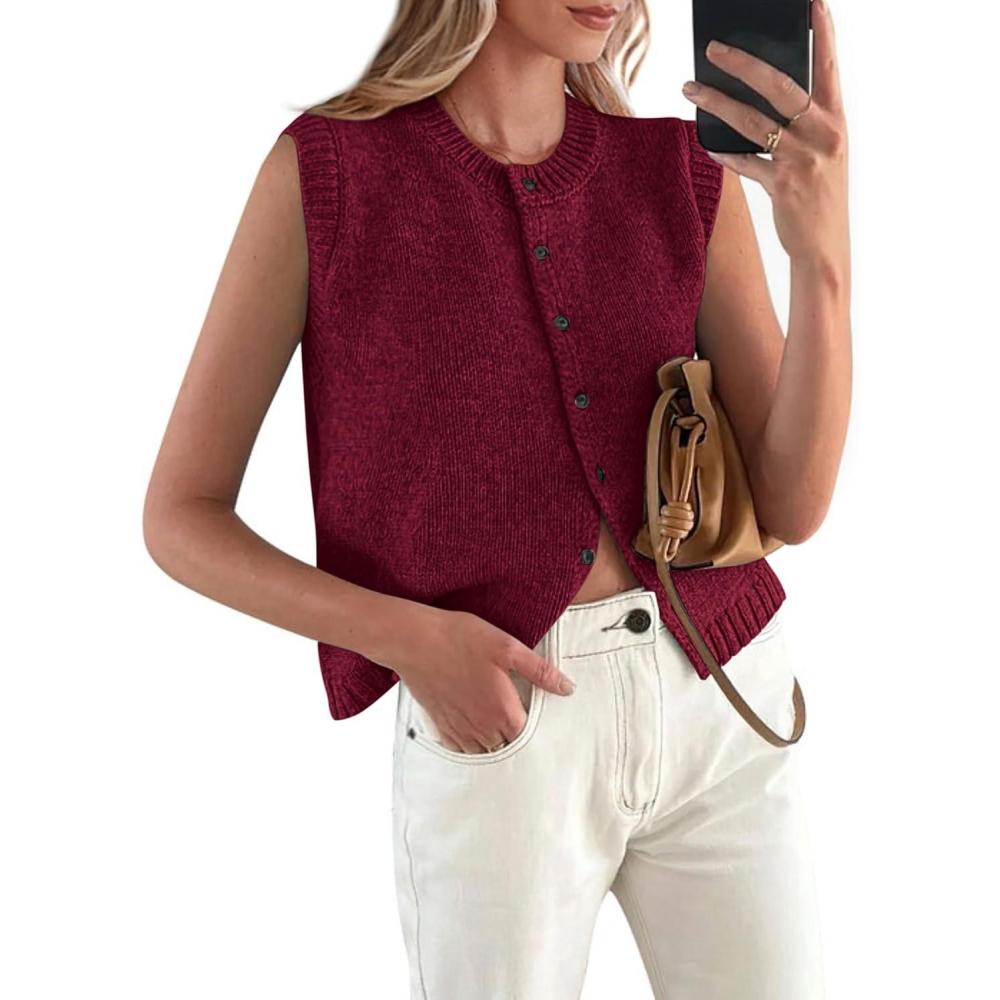 imagePRETTYGARDEN Sweater Vest Women 2025 Spring Summer Casual Lightweight Knit Sleeveless Button Down Tank Tops Trendy ClothesDark Wine Red
