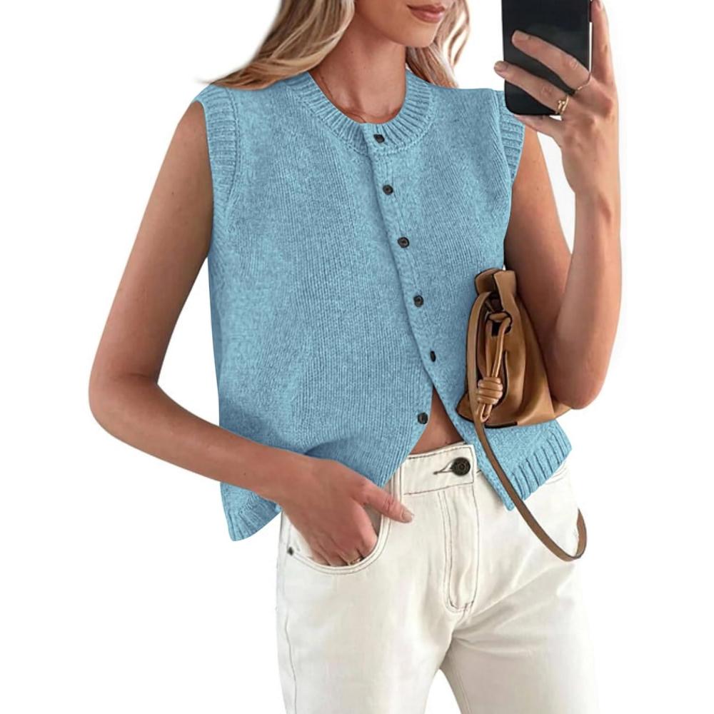 imagePRETTYGARDEN Sweater Vest Women 2025 Spring Summer Casual Lightweight Knit Sleeveless Button Down Tank Tops Trendy ClothesLight Blue